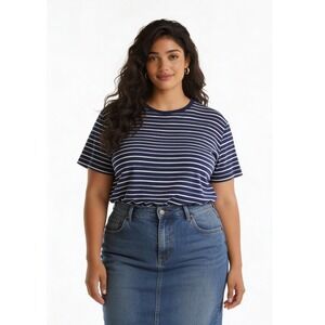 Kim Rogers Dark Blue and White Stripped Short Sleeve Shirt Large